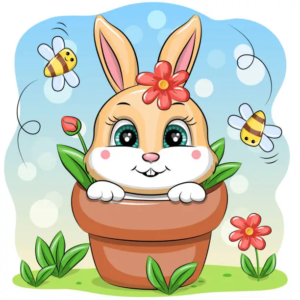 Vector illustration of Cute cartoon bunny in a flower pot with bees and flowers.