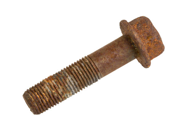 Rusty bolt close up macro shot, fully In focus, isolated on white background