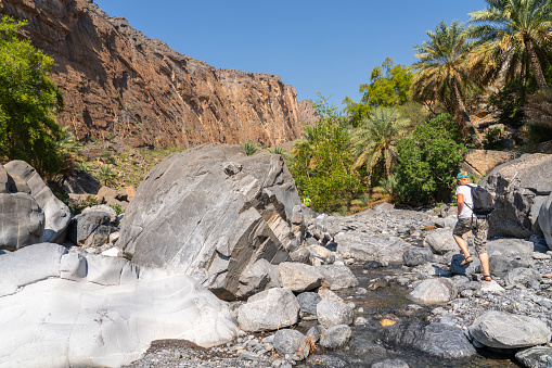 Mature women hiking along Wadi Al Nakhr canyon on sunny day. Green palm trees and clear blue sky. Oman
