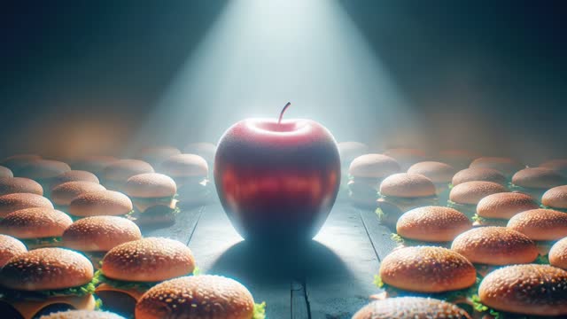 Choosing Between Apple And Hamburger - Choosing And Decisions Concept - 4K Resolution
