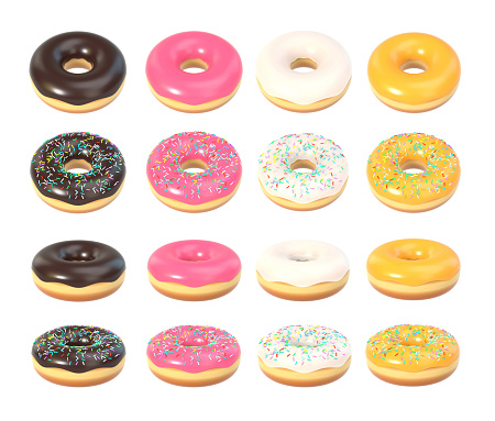Delicious colorful donut set. Macro view of sweet american dessert isolated on white background. 3D illustration.