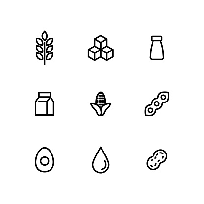 Natural products icons set. Organic. Eco-products. Allergen free badges. No Soy, Transfat, Nut, Gluten, Corn, Dairy, Sugar, Paraben, Nitrates Outline Logo. Vegan Food Icon.