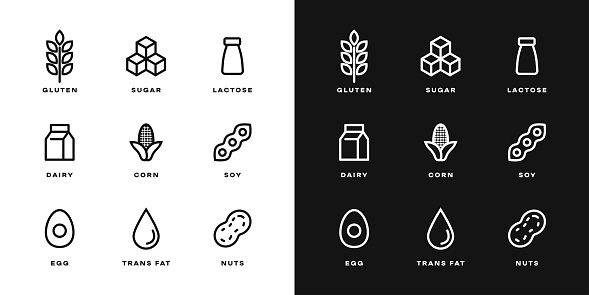 Set of ingredient and diet icons. Organic. Eco-products. Allergen free badges. No Soy, Transfat, Nut, Gluten, Corn, Dairy, Sugar, Paraben, Nitrates Outline Logo. Vegan Food Icon.