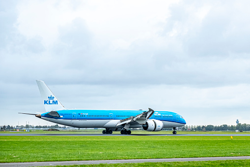 Vijfhuizen, The Netherlands - August, 20, 2022. The Embraer E195-E2 of KLM Cityhopper with the identification PH-NXH lands at Amsterdam Airport Schiphol (The Netherlands, AMS, runway Polderbaan).