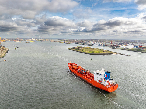 NQ BELLIS Chemical/Oil Products Tanker. Bellis Shipping B.V. is a Tank Farm Storage Company and Shipping Company for petroleum and petrochemical products entering the port of IJmuiden in Holland seen from above.