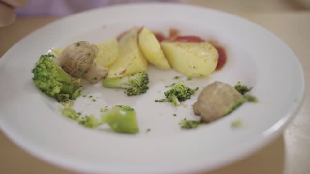 Close-up of a half-eaten meal of broccoli, potatoes, and chicken on a white plate, with a fork in motion, indicating an interrupted dinner