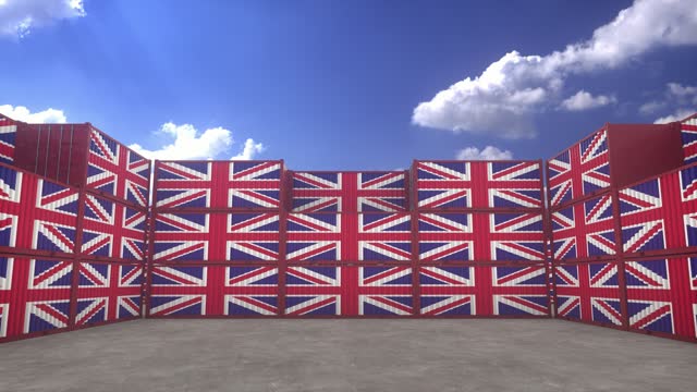 United Kingdom export or import concept. United Kingdom flag containers are located at the container terminal