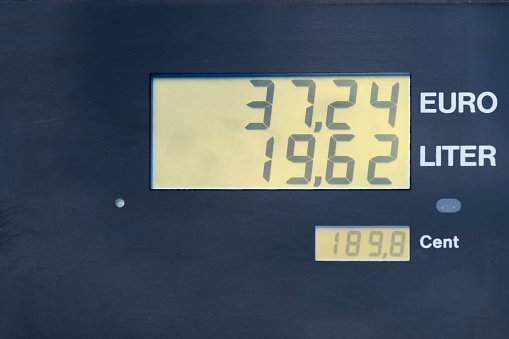 gas pump display, euro inscriptions, liters in German, High rising gas prices close up of gas pump counter in gasoline station, gasoline price counter on display showing inflation, gas refueling