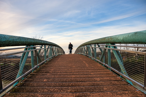Senior Man and His Dog Crossing a Footbridge over the River at the Sunset