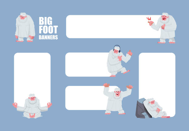 Bigfoot snow fantasy strong character near empty text box frames Bigfoot snow fantasy strong character near empty text box frames. Vector of bigfoot character, fantasy primate mascot, legendary beast, mysterious and comic illustration yeti cartoons stock illustrations