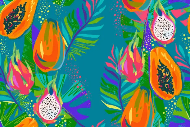 Vector illustration of Seamless pattern with tropical leaves and fruits. Colorful palm leaves, monsters and fruits of papaya, pitaya. Bright summer pattern. Modern exotic background. Vector illustration.