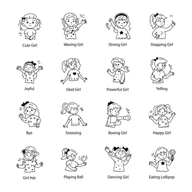 Vector illustration of Set of 16 Cute Girls Doodle Icons