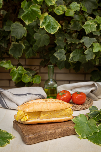 Delicious spanish omelette sandwich with natural tomato and Olive oil on wooden board.