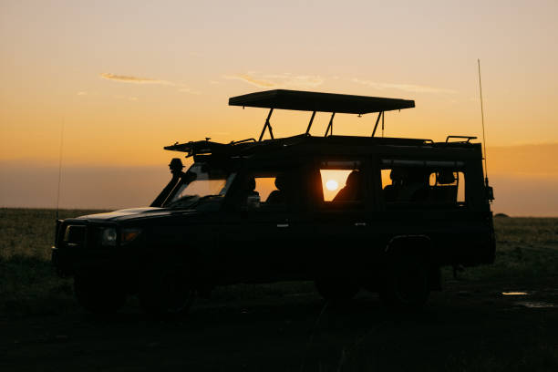 Safari jeep without people during sunset at Masai Mara national reserve.