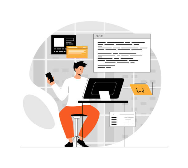 Programming and coding concept. Technology process of software development. Full Stack Developer. Illustration with people scene in flat design for website and mobile development. Programming and coding concept. Technology process of software development. Full Stack Developer. Illustration with people scene in flat design for website and mobile development. computer programmer stock illustrations