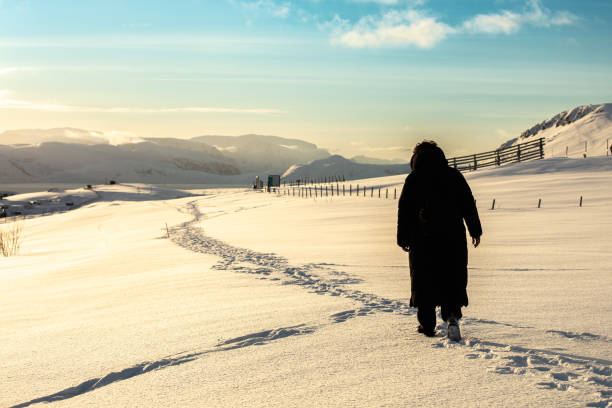 Young woman is walking on snow.\nHammerfest - Norway.