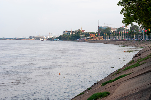 Flood plains at the bank of Rhine river in Cologne-Poll