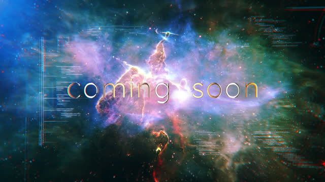 Coming Soon golden text light motion effect with space flight to star field Galaxy cinematic title trailer animation abstract background.