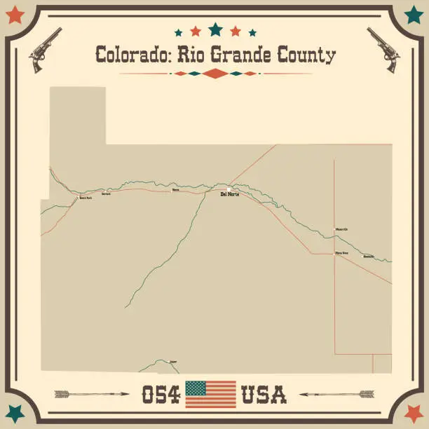 Vector illustration of Large and accurate map of Rio Grande County, Colorado, USA with vintage colors.