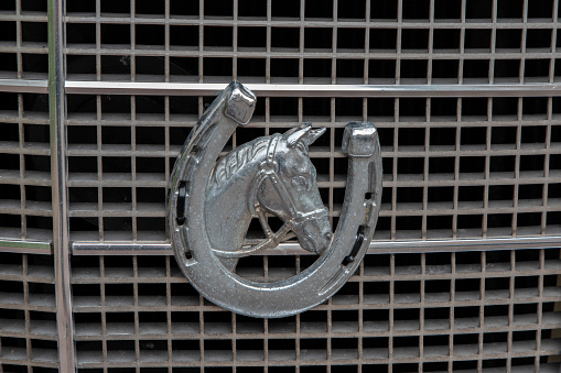 Horse Head & Horseshoe On A Mercedes Benz Classical 280 SE Car At Amsterdam The Netherlands 20-3-2024