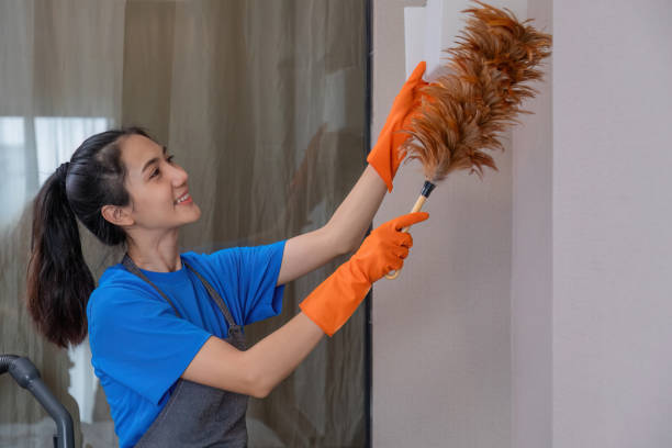 A beautiful young housekeeper does housework wearing orange rubber and uses a duster to clean up the items in the room.