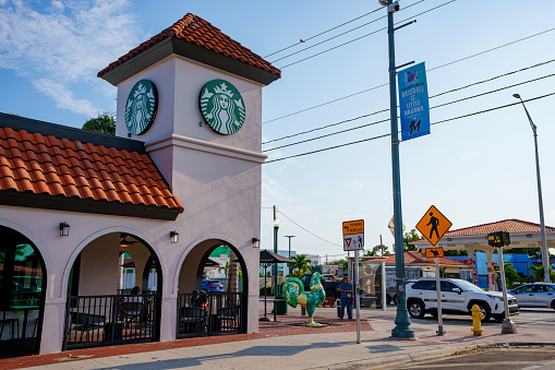 Miami, FL, USA - April 12, 2024: Starbucks Calle Ocho 8th Street Miami