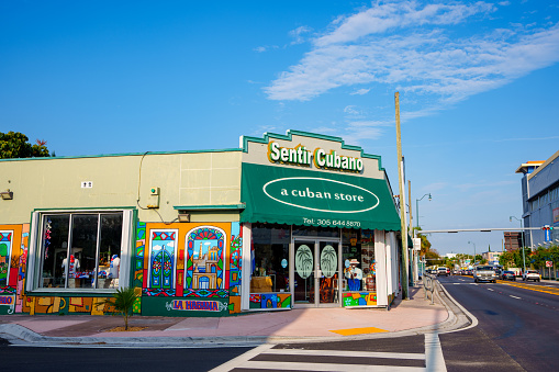 Miami, FL, USA - April 12, 2024: Sentir Cubano Cuban Store Miami Calle Ocho 8th street