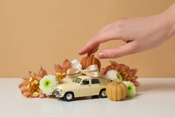 Toy retro car with a gift, a flower and a pumpkin