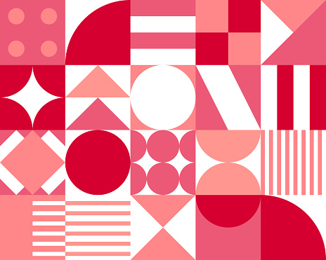 Love and Romance themed, Bauhaus-style abstract background, consisting of colorful geometric shapes. This design can be used in web pages, banners, presentations, and magazine covers.