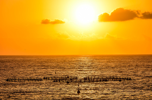 The sun is setting over the ocean, casting a warm glow on the water. The sky is filled with clouds, creating a serene and peaceful atmosphere