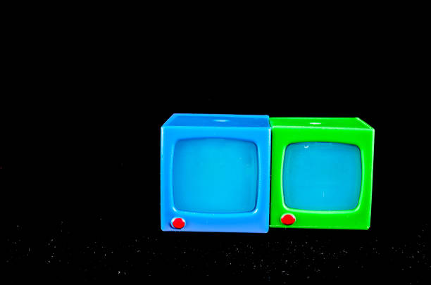 Old TV with clutter on the screen on an old table, vintage design in 80s and 90s style.