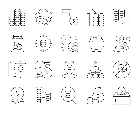Coin Thin Line Icons Vector EPS File.