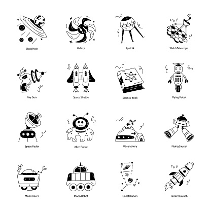 Show off your science fiction ventures with our ufo doodle icons Dive into a galaxy of animated designs, featuring everything cosmic, including space tech, rover robots, aliens, moon landers, and more.