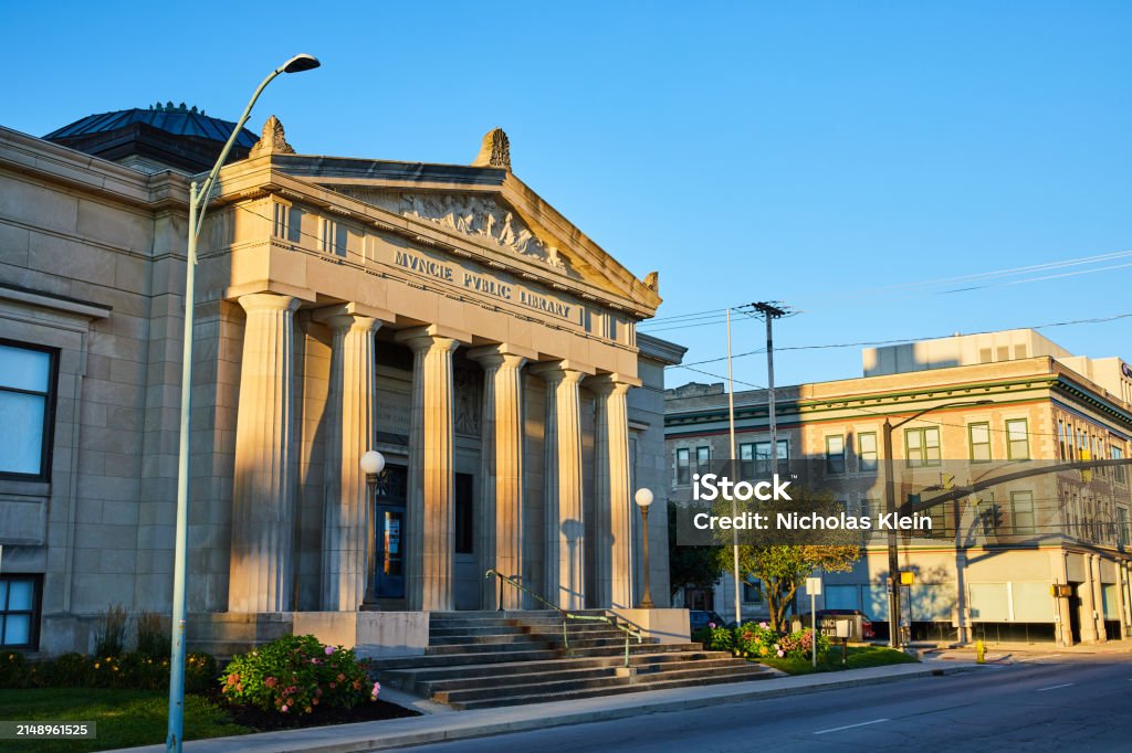 Golden Hour At Muncie Public Library With Classical Architecture Stock