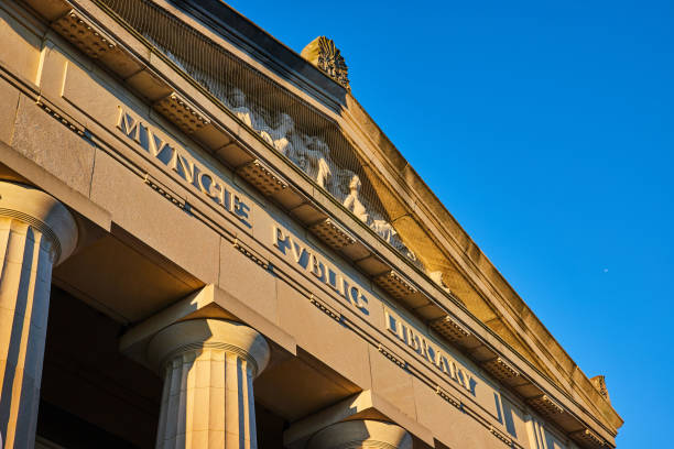 istock Neoclassical Muncie Public Library Facade at Sunrise with Blue Sky 2148961558