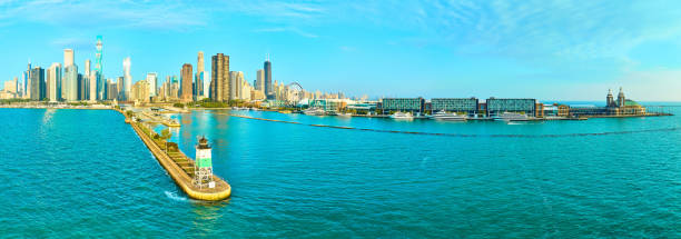 istock Aerial Chicago Skyline with Lighthouse and Navy Pier Panorama 2148961757