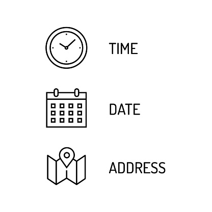 Time, Date, Address Line Icons. Clock, Calendar, Map.