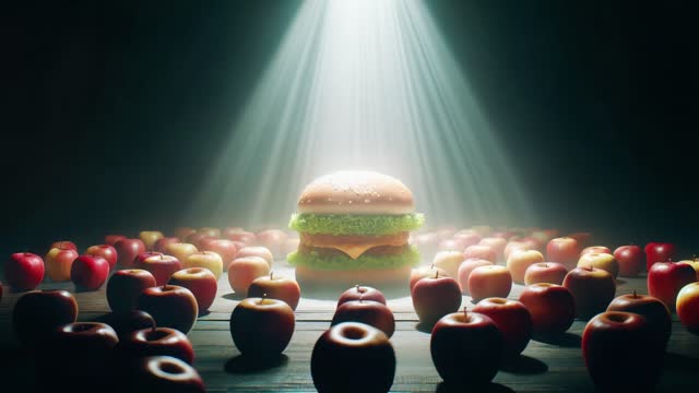 Choosing And Decisions Concept - Choosing Between Apple And Hamburger - 4K Resolution
