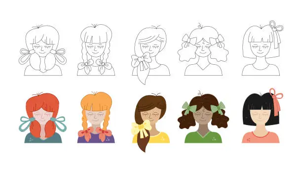 Vector illustration of Set with 10 girls with hairstyles and hair bows. Black, white and color doodle vector illustration.