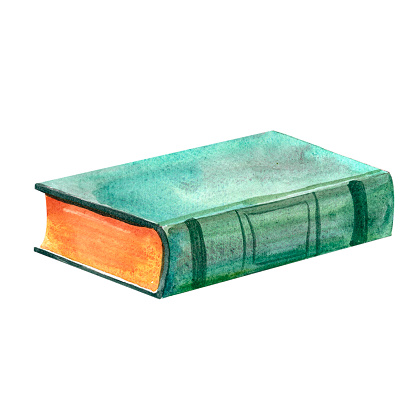 An ancient book with a worn cover hand-painted in vintage style watercolor object isolated on a white background. Interior decor and wall art on retro themes, travel, libraries, books, museums.