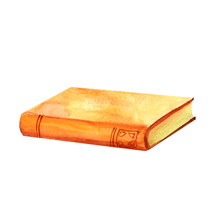 An ancient book with a worn cover hand-painted in vintage style watercolor object isolated on a white background. Interior decor and wall art on retro themes, travel, libraries, books, museums.