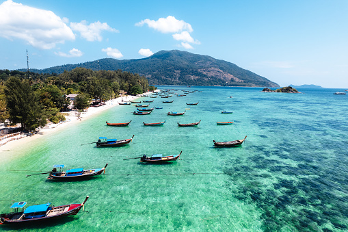 Aerial view of longtail boat and beach at Koh Lipe,tropical island