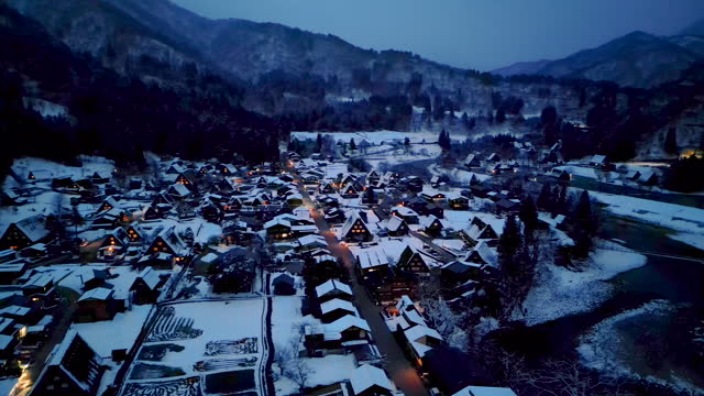 Aerial view of Shirakawa-go village Gassho house in twilight