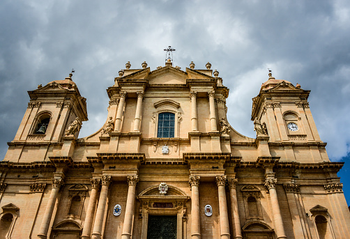 Front Low Angle View Of Majestic Noto Cathedral In Noto, Sicily