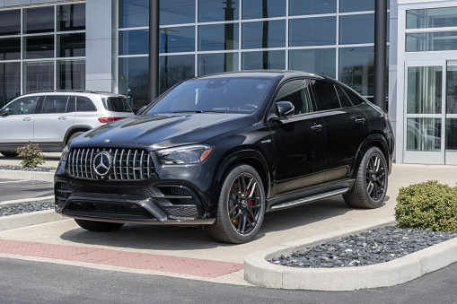 Indianapolis - April 14, 2024: Mercedes Benz AMG GLE 63 S Coupe display. Mercedes offers the AMG GLE 63 S with a 4.0L V8 biturbo and hybrid assist. MY:2024
