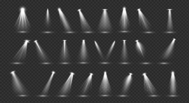 ilustraciones, imágenes clip art, dibujos animados e iconos de stock de efectos de retroiluminación de escenario blanco conjunto de ilustración realista 3d - proyección continuada de luz