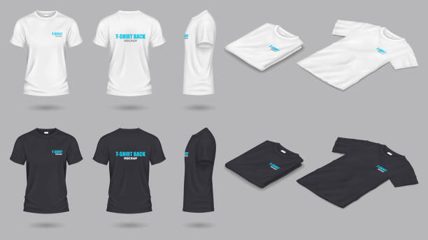 Black and white mockup t-shirts realistic illustration set Black and white mockup t-shirts realistic vector illustration set. Casual clothes with brand design template 3d objects on grey background tee shirt template vector stock illustrations