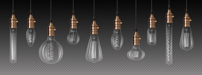 Tuned off lightbulbs 3d realistic vector illustration set. Interior decor pendant lantern assortment design. Incandescent lamps on transparent background