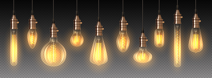 Glowing incandescent lightbulbs 3d realistic vector illustration set. Bright illumination equipment design. Lamps on transparent background