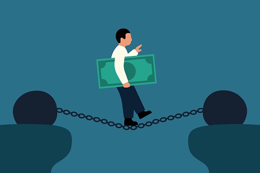 Financial Risk or Investment. Businessman Holding Money Banknotes Walking on Tightrope Crossing High Cliff. Financial Risk Management Concept. Vector Illustration